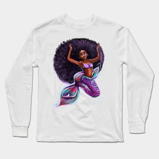 mermaid with big Afro underwater, brown eyes curly Afro hair and caramel brown skin. Black mermaid Long Sleeve T-Shirt